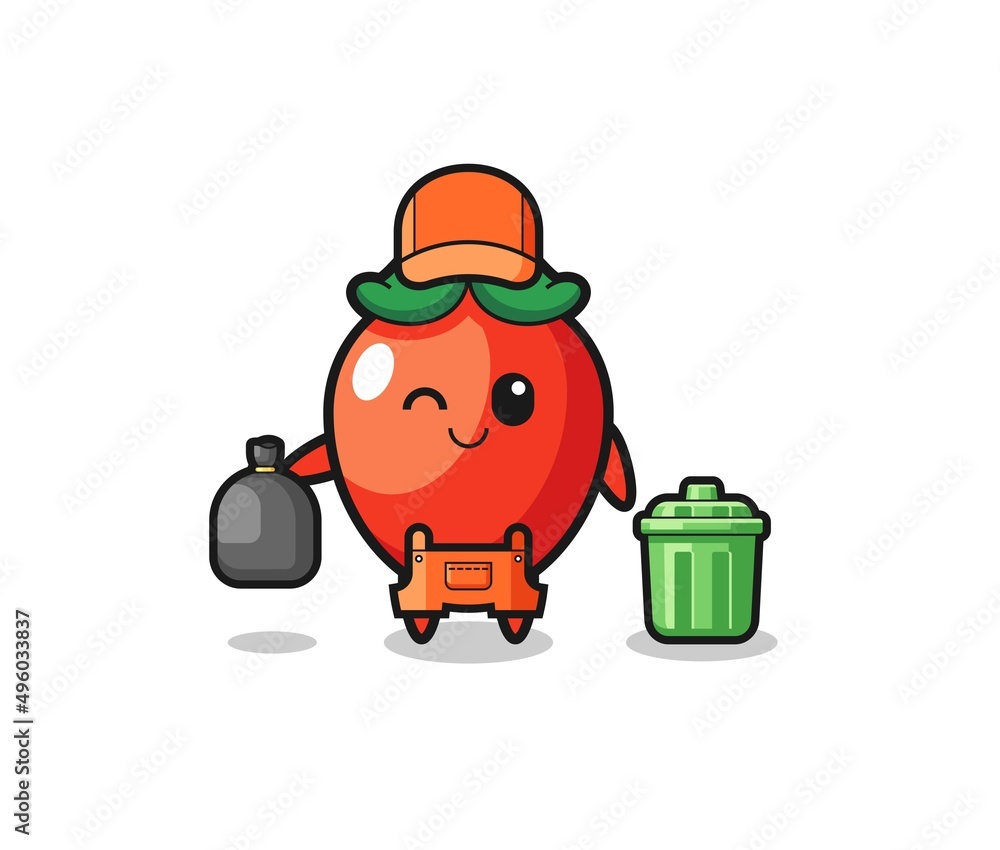 the mascot of cute chili pepper as garbage collector the mascot of cute chili pepper as garbage collector