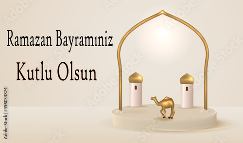 Eid al-Fitr Mubarak Islamic Feast Greetings (Turkish: Ramazan Bayraminiz Kutlu Olsun) Holy month of muslim community Ramadan. Ramadan 3D Realistic Templat with Camel and Mosque in Podium photo