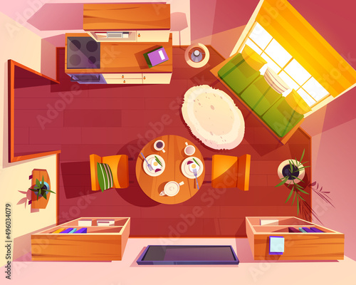 Top view of kitchen and lounge in studio apartment or hotel. Vector cartoon illustration of cozy room interior with table, chairs, stove, tv set, bookcases, plants and bench with pillows