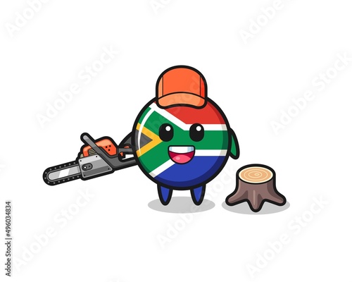 south africa flag lumberjack character holding a chainsaw © heriyusuf