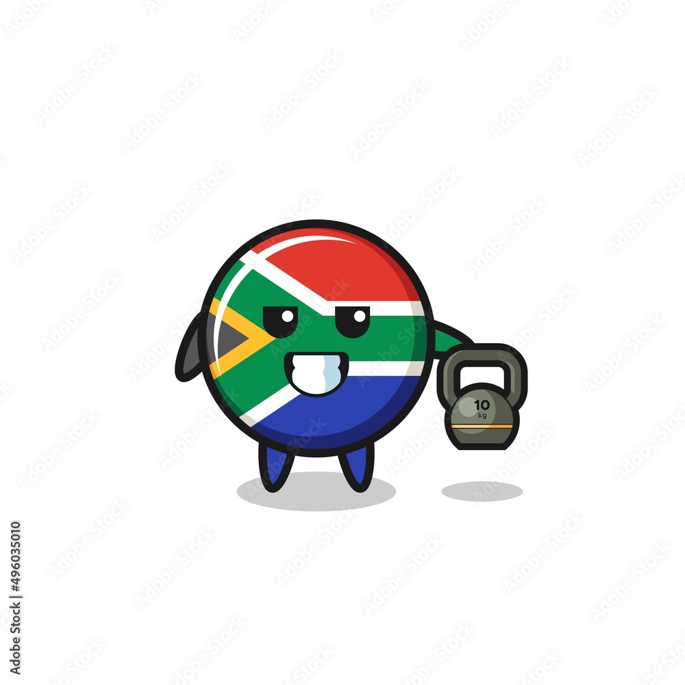south africa flag mascot lifting kettlebell in the gym south africa flag mascot lifting kettlebell in the gym