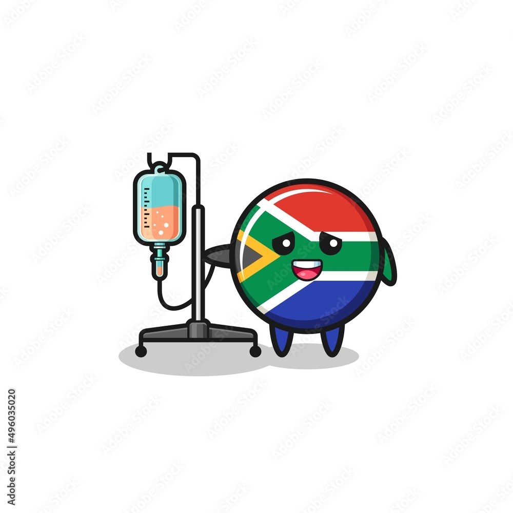 cute south africa flag character standing with infusion pole