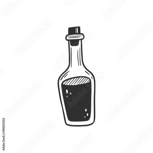 Hand drawn hipster bootle with black liquid. Doodle sketch style. Drawing line simple bottle icon. Isolated vector illustration.