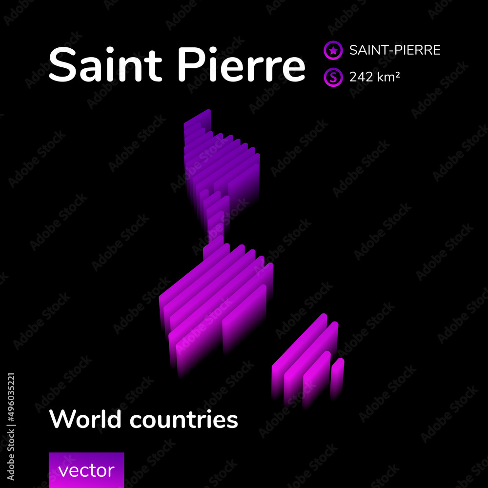Obraz premium Saint Pierre map. Stylized isometric neon striped vector 3d map. Map of Saint Pierre is in violet and pink colors on black background