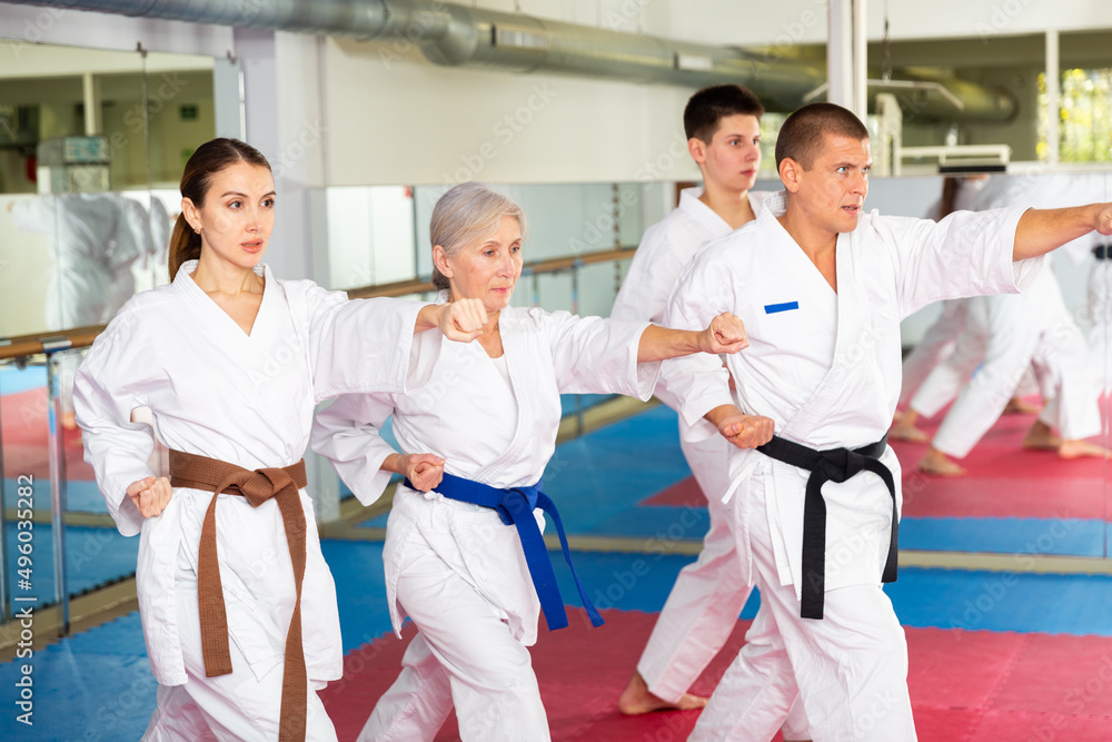 Obraz premium Adults in kimono trying new martial moves at karate class