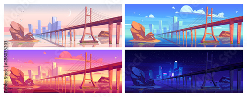 Lake landscape with bridge and city on skyline at different time of day. Vector cartoon illustrations of river, island with town, and overpass highway in early morning, noon, sunset, and night