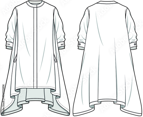 Mandarin Collar Handkerchief Hem Flared Shirt Dress, mandarin collar flared kurta Front and Back View. fashion illustration vector, CAD, technical drawing, flat drawing.