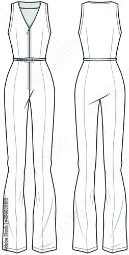 Sleeveless Front Zip Jumpsuit Front and Back View. Fashion Illustration, Vector, CAD, Technical Drawing, Flat Drawing.