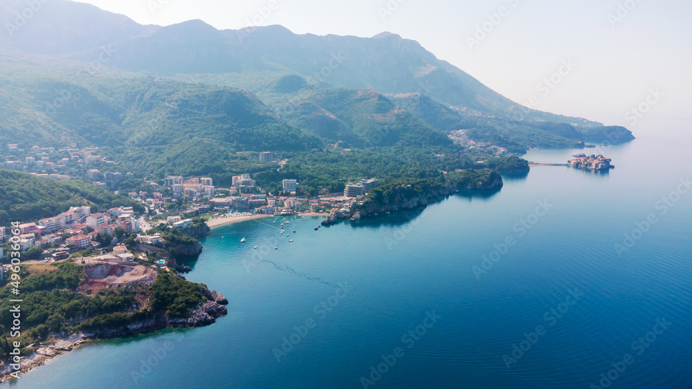 View from flying drone. Panoramic cityscape of becici, Budva, Montenegro. Top View. Beautiful destinations