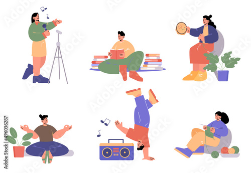 Set of people hobbies, relax, creative occupation and recreation at home. Men and women singing, reading books, embroider, meditate, dancing and knitting, Isolated line art flat vector illustration