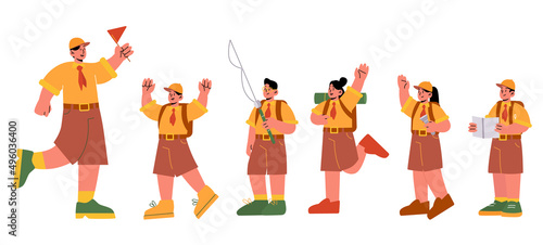 Scout boys or girls with counselor at summer camp. Kids rangers group wear uniform and camping equipment. Children with tent, fishing rod, flashlight and map Isolated line art flat vector illustration