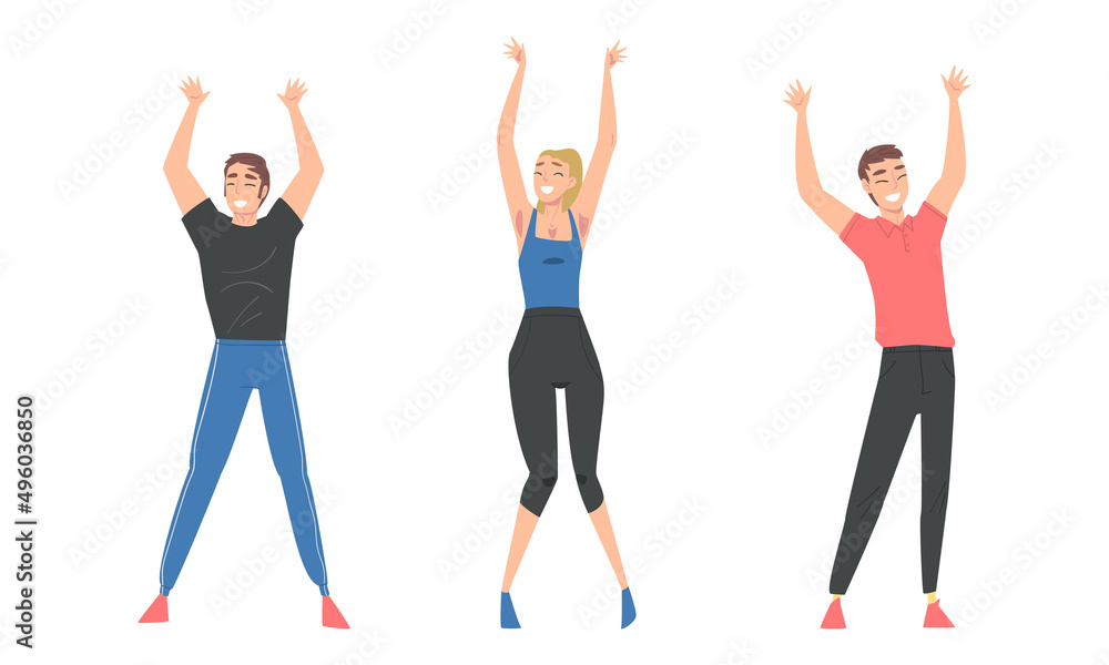Happy people raising hands celebrating success cartoon vector illustration