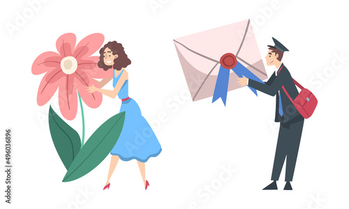 Beautiful young woman with big flower. Postman delivering big retro envelope cartoon vector illustration