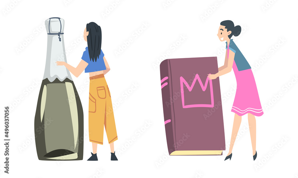 Young woman holding big bottle of champagne and book cartoon vector illustration