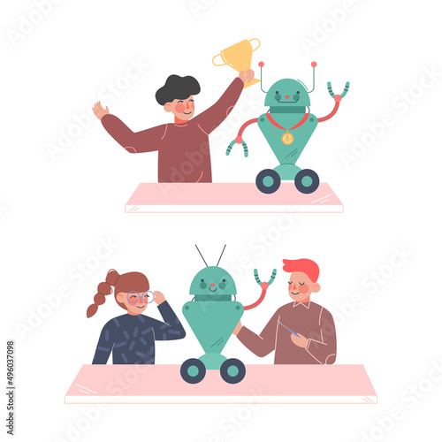 Cute children making and programming robots set. Robotics and programming education cartoon vector illustration