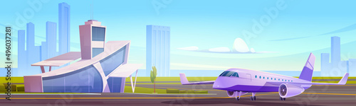 Airport terminal building with dispatcher tower and airplane waiting to flight on runaway. Modern metropolis aerodrome or transport hub infrastructure and air transport, Cartoon vector illustration