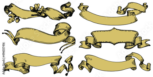 Vintage Ribbon Banner hand drawn illustration in vintage engraved style. Retro isolated on white background. Design elements for greeting cards, banners, invitations.