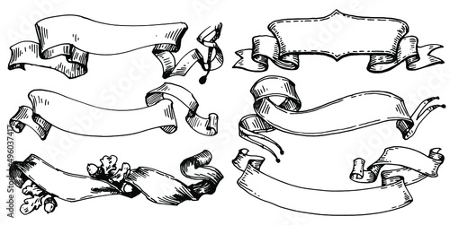 Vintage Ribbon Banner hand drawn illustration in vintage engraved style. Retro isolated on white background. Design elements for greeting cards, banners, invitations.