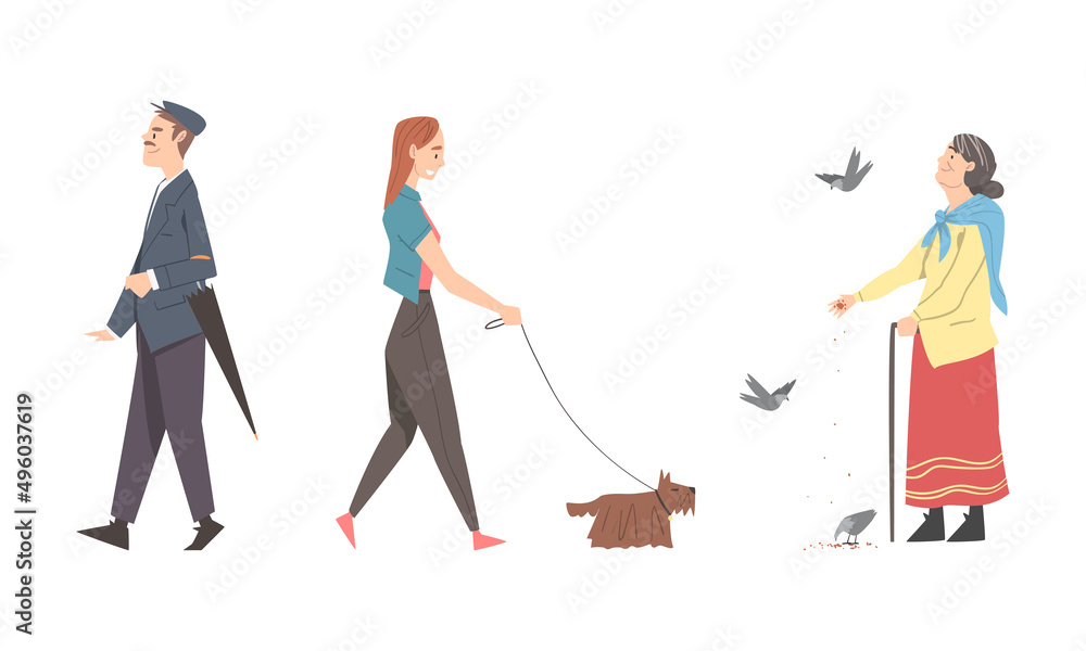 People walking in park set. Senior woman feeding birds in park, girl walking with dog cartoon vector illustration People walking in park set. Senior woman feeding birds in park, girl walking with dog cartoon vector illustration