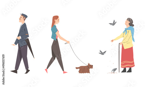 People walking in park set. Senior woman feeding birds in park, girl walking with dog cartoon vector illustration