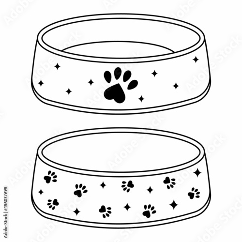 Bowl for dry food and water for dogs and cats, black contour doodle icon, Vector isolated illustration