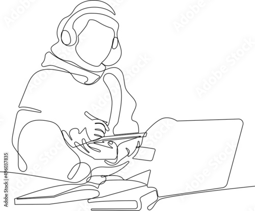 Teen girl school student wear wireless headphone studying online with video call teacher. Online learning concept. Hand drawn in thin line style, vector illustrations. Vector illustration