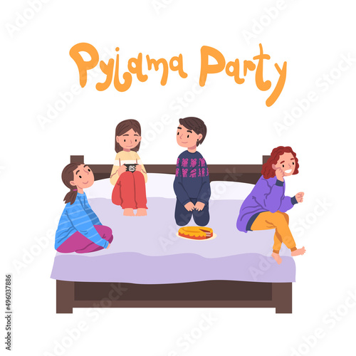 Cute children in pajamas at slumber party cartoon vector illustration
