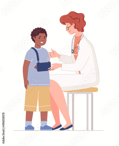 Boy with broken arm in bandage at control appointment with doctor. Child with fracture. Traumatologist examines patient. Characters in colored flat vector illustration isolated on white background.