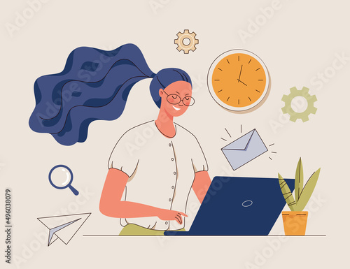 Internet technologies, online work, freelance. Happy smiling woman on laptop send and receive email, search in browser, complete project on time. Vector cartoon character.
