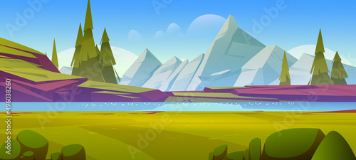 River with stone shore in mountain valley. Vector cartoon illustration of summer landscape, scandinavian nature scene with water stream, green grass, firs and rocks