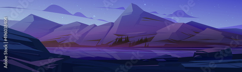 Nordic landscape with mountains and river at night. Vector cartoon illustration of nature scene with lake with stone shore, rocks range and reflection in water