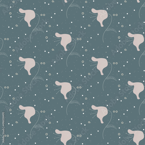 Floral vector pattern, pink flowers on a blue background. Seamless pattern for paper, textiles, template.