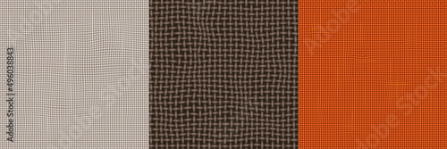 Jute fabric textures. Seamless patterns of burlap, woven cloth, rough cotton textile. Vector set of canvas material backgrounds, red, brown and beige sackcloth surface