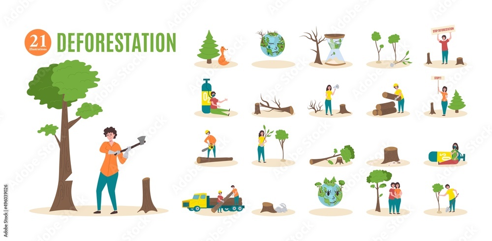 Fototapeta premium Deforestation Flat Composition Set