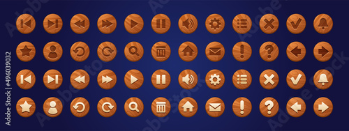 Wooden web buttons, round icons for game interface. Vector cartoon set of brown ui elements with wood texture. Circle buttons with signs isolated on background