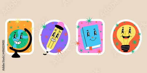 Funny cartoon characters stickers. Hand drawn abstract faces, comic pencil and book, light bulb and globe. Knowledge and education symbols, school mascot trendy retro cartoon style vector set