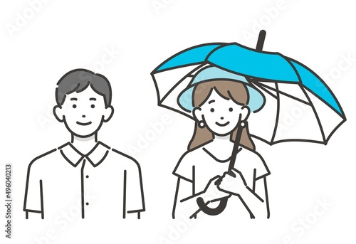 日傘をさして熱中症対策をするビジネスウーマンクールビズをするサラリーマンと熱中症対策アイコンのベクターイラスト素材／夏／熱中症／日傘