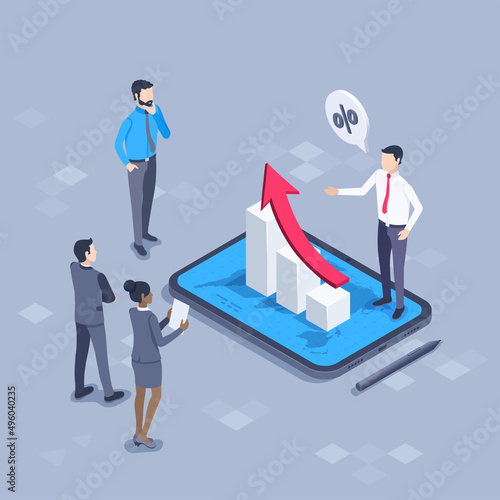 isometric vector illustration on a gray background, a chart with a red arrow on the tablet screen and people in business clothes discuss the company's financial growth