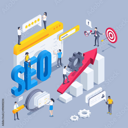 isometric vector illustration on a gray background, the word seo in the browser window and people work as a team, chart with up arrow, magnifier and gears, internet promotion
