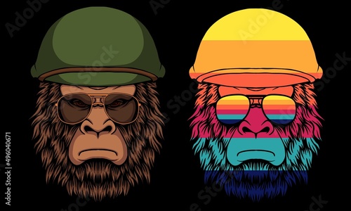 Bigfoot cool wearing a helmet soldier world war 2 vector illustration