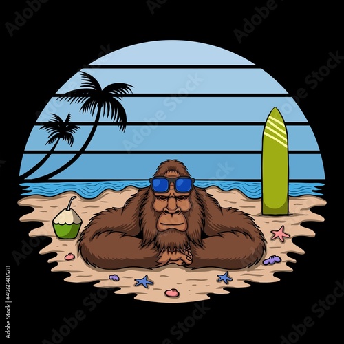 Bigfoot is sunbathing on the beach vector illustration