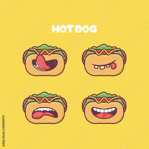 Hot Dog cartoon. fast food vector illustration. with different mouth expressions