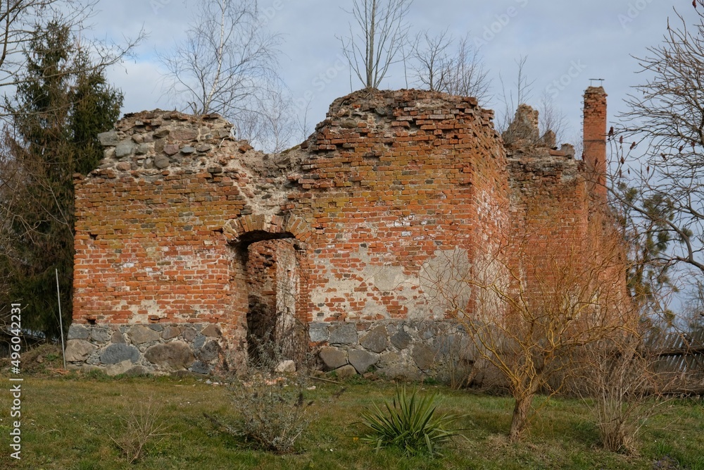 Ruined brick church in Lawki, Warmia, Poland