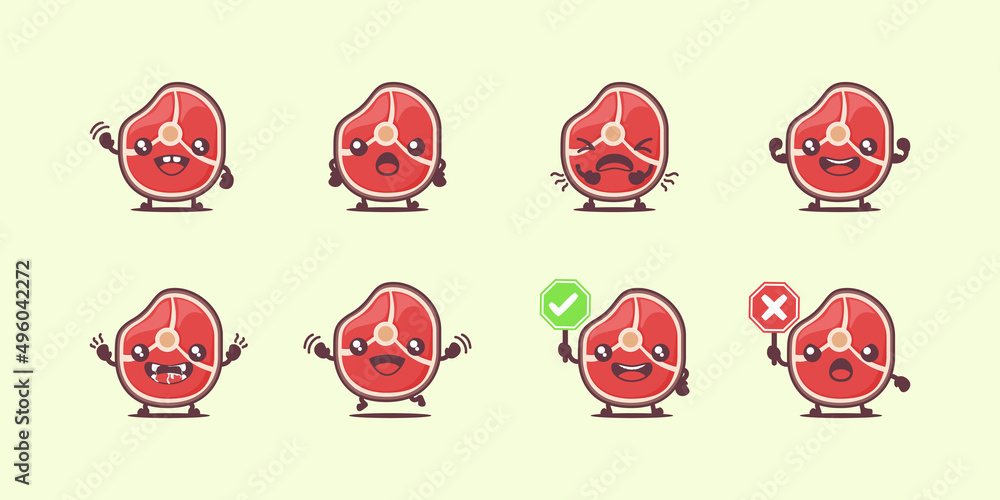 meat cartoon. fresh meat vector illustration. with different faces and