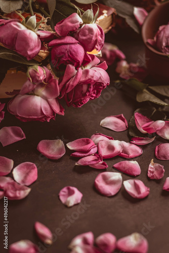 Fototapeta Naklejka Na Ścianę i Meble -  fading roses of pink color and rose petals on a dark background