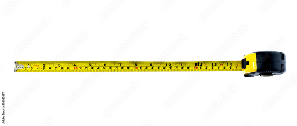 Fotografie Yellow tape measure on white background