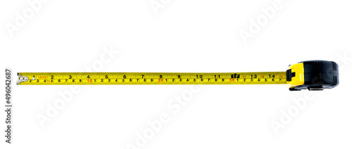 Yellow tape measure on white background photo