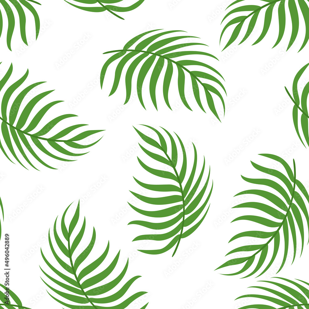 Tropical background. Vector seamless pattern with green palm leaves on white. Simple flat illustration.