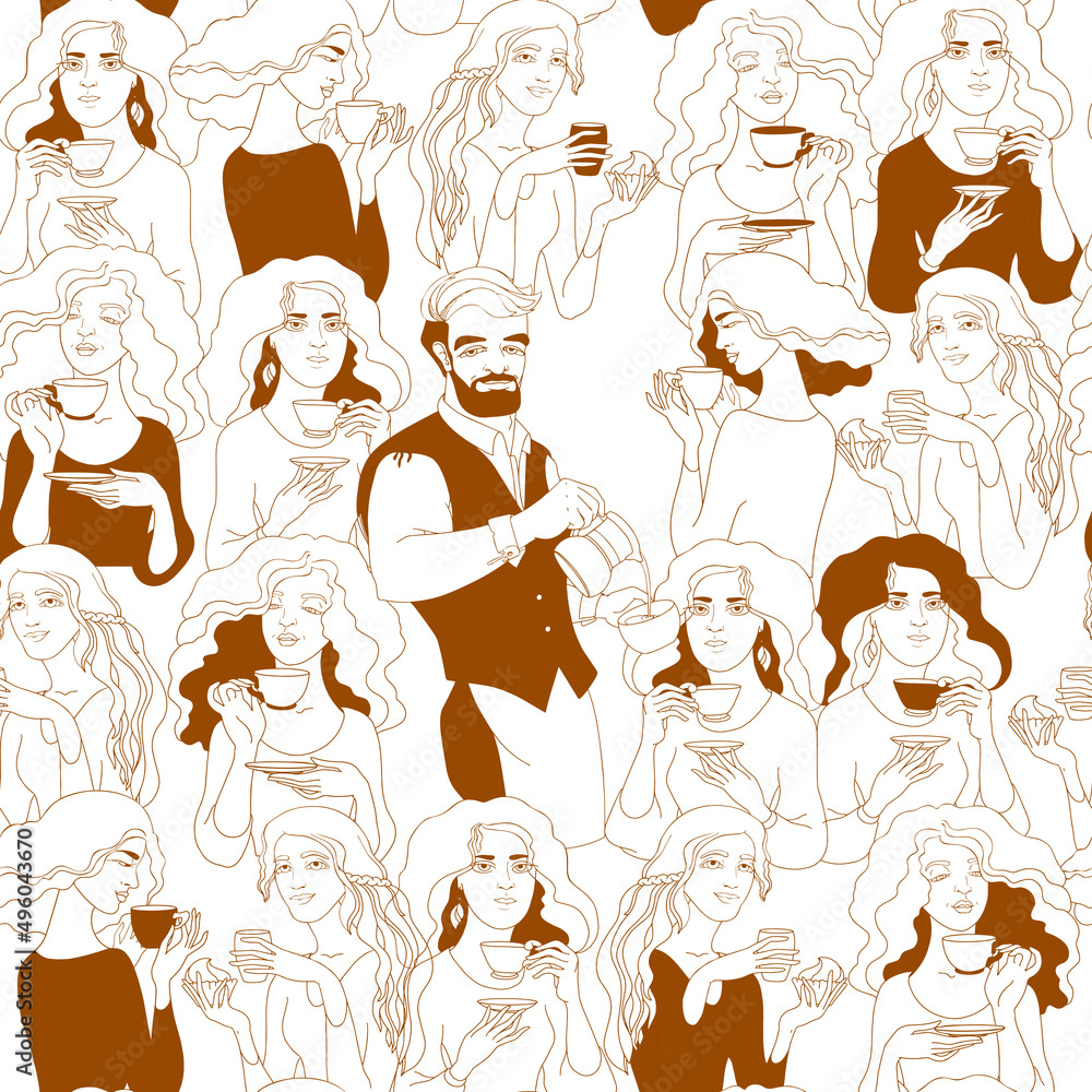 Naklejka premium Man and women with a cup of coffee. Seamless pattern.