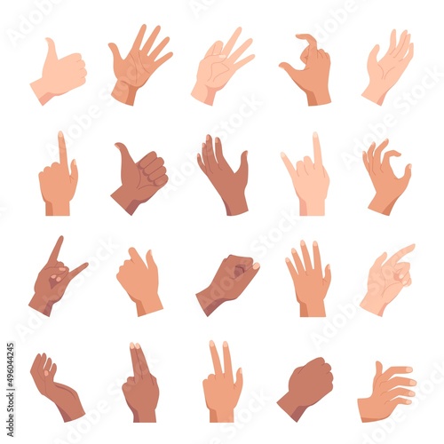 Cartoon hand poses, holding, pointing and like gesture. Diverse people hands, fists and palm positions and signs. Woman arm count vector set